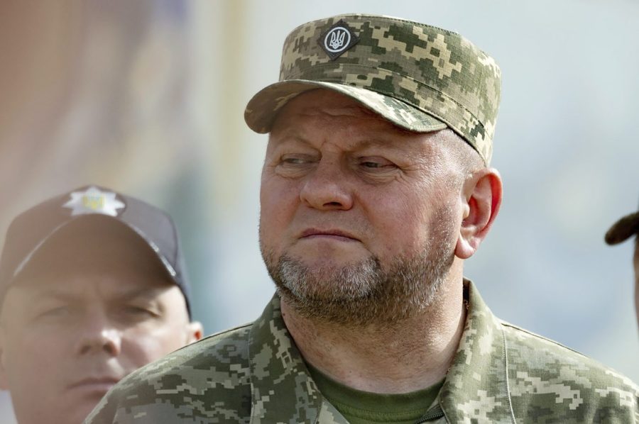 FILE - In this photo provided by the Ukrainian Presidential Press Office, Commander-in-Chief of Ukraine's Armed Forces Valeriy Zaluzhny, front, attends an event for marking Statehood Day in Mykhailivska Square in Kyiv, Friday, July 28, 2023. Ukraine’s military chief said Monday that a covert listening device was found in one of the offices where he works and hinted without elaborating that other bugs were detected in other locations. (Ukrainian Presidential Press Office via AP, File)