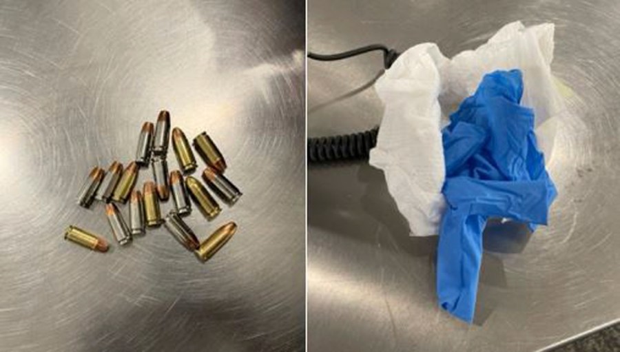 This combination of photos provided by the Transportation Security Administration shows 17 bullets security officers found concealed inside a disposable baby diaper on Wednesday, Dec. 20, 2023, at LaGuardia Airport in New York. (Transportation Security Administration via AP)