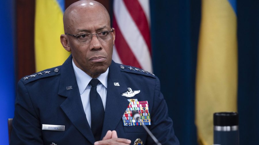 Chairman of the Joint Chiefs of Staff Air Force Gen. CQ Brown, participates in a virtual Ukraine Defense Contact Group (UDCG) meeting, Wednesday, Nov. 22, 2023, at the Pentagon in Washington. (AP Photo/Cliff Owen)