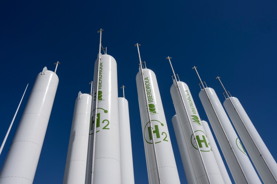 FILE - Hydrogen storage tanks are visible at the Iberdrola green hydrogen plant in Puertollano, central Spain, March 28, 2023. The Biden administration on Friday, Dec. 22, released its highly anticipated proposal for how the U.S. plans to dole out tax credits to hydrogen producers. (AP Photo/Bernat Armangue, File)