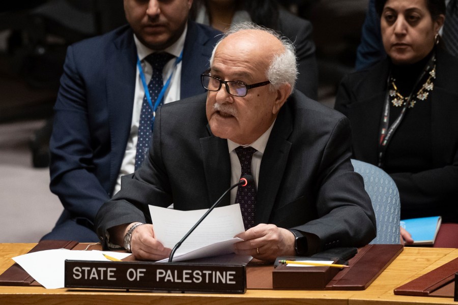 Palestinian Ambassador to the U.N., Riyad Mansour speaks during the Security Council meeting at United Nations headquarters, Friday, Dec. 22, 2023. (AP Photo/Yuki Iwamura)