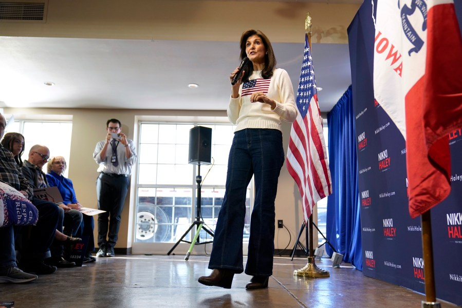 Republican presidential candidate Nikki Haley speaks during a town hall, Monday, Dec. 18, 2023, in Nevada, Iowa. (AP Photo/Charlie Neibergall)