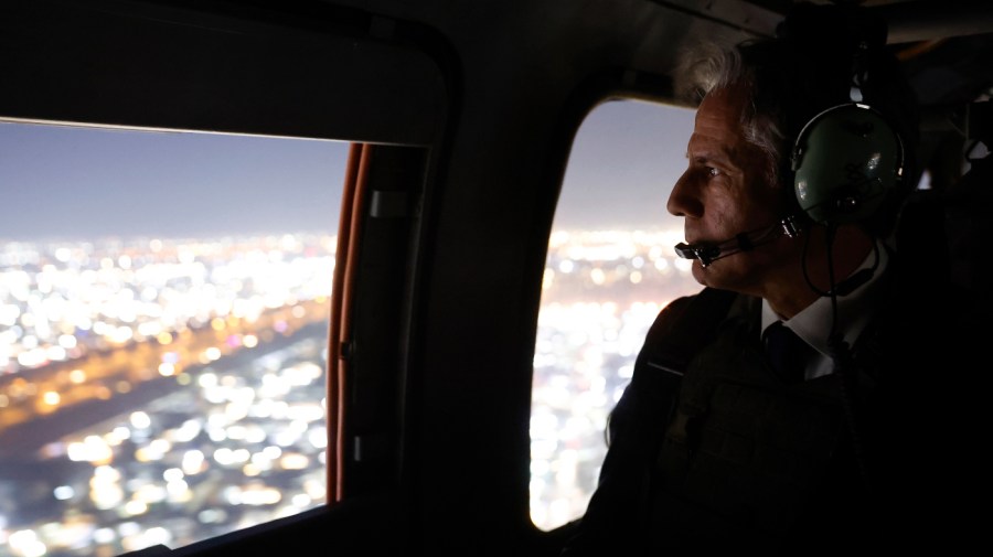 U.S. Secretary of State Antony Blinken departs the International Zone via helicopter after meeting Iraqi Prime Minister Mohammed Shia al-Sudani, in Baghdad, Iraq, Sunday Nov. 5, 2023.