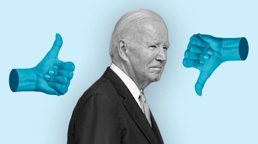 A black and white cutout of President Biden is centered between a blue hand giving a thumbs up and a blue hand giving a thumbs down