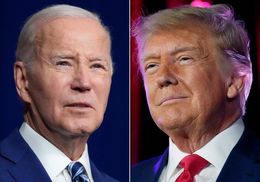 In this combination of photos, President Joe Biden speaks on Aug. 10, 2023, in Salt Lake City, left, and former President Donald Trump speaks on July 8, 2023, in Las Vegas. Trump is spending the third anniversary of a mob of his supporters overrunning the U.S. Capitol by campaigning to win back the White House. He has two events in Iowa and repeating lies that seek to reframe how the country remembers the deadly insurrection. Biden is marking the same milestone on Saturday in Philadelphia, where he'll brand Trump and top supporters of his "Make America Great Again" movement as dire threats to American democracy.(AP Photo)