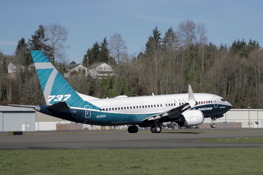 FILE - A Boeing 737 MAX 7 takes off on its first flight, Friday, March 16, 2018, in Renton, Wash. Boeing is asking federal regulators to exempt a new model of its 737 Max airliner from a safety standard designed to prevent part of the engine housing from overheating and breaking off during flight. Boeing needs the exemption to begin delivering the new, smaller Max 7 to airlines.(AP Photo/Jason Redmond, File)