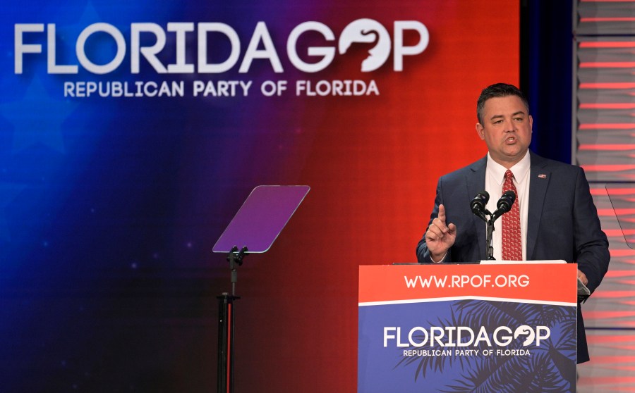 FILE - Republican Party of Florida Chairman Christian Ziegler addresses attendees at the Republican Party of Florida Freedom Summit, Nov. 4, 2023, in Kissimmee, Fla. The Republican Party of Florida will hold a special meeting Monday, Jan. 8, 2024, to vote on removing Ziegler and select a new leader as police investigate a rape accusation against him, a vote that comes the week before Gov. Ron DeSantis competes in Iowa's first-in-the-nation presidential caucus. (AP Photo/Phelan M. Ebenhack, File)