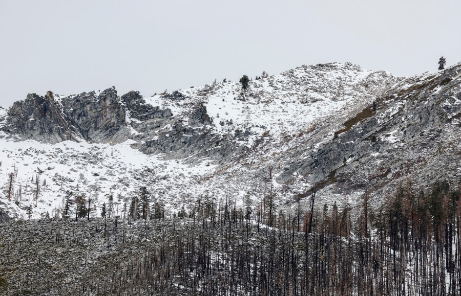 FILE - In this photo provided by the California Department of Water Resources, the snow level on a mountain peak is seen near the meadow where the first snow survey of the year took place in Phillips Station, Calif., Jan. 2, 2024. Once regularly snowbound river basins across the globe are increasingly seeing their snowpack shrink and climate change is to blame, a new study found. (Fred Greaves/California Department of Water Resources via AP, File)