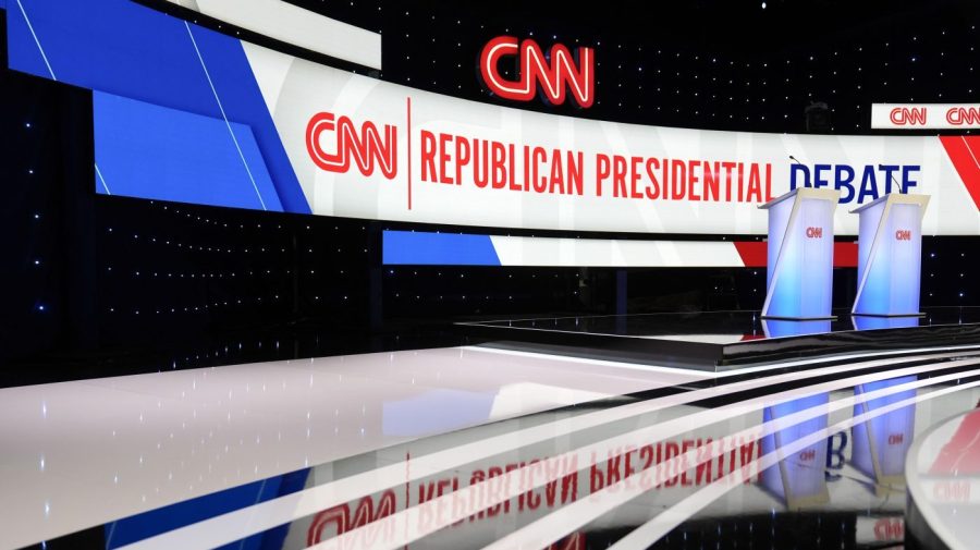 The stage for the CNN Republican presidential debate at Drake University is seen, Wednesday, Jan. 10, 2024, in Des Moines, Iowa. (AP Photo/Charlie Neibergall)
