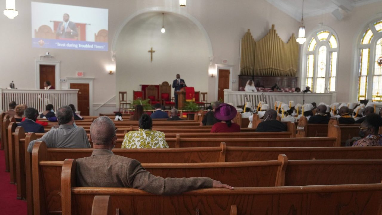 FILE - Congregants sit in largely empty pews during service at Zion Baptist Church, April 16, 2023, in Columbia, S.C. Post-pandemic burnout is at worrying levels among Christian clergy in the U.S., prompting many to think about abandoning their jobs, according to a new nationwide survey released Thursday, Jan. 11, 2024. (AP Photo/Jessie Wardarski, File)