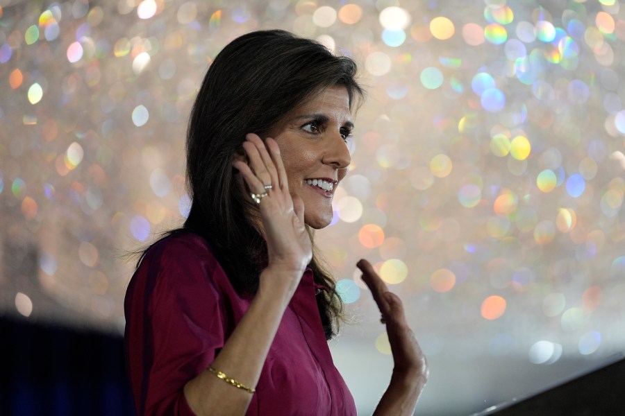 Republican presidential candidate former UN Ambassador Nikki Haley speaks at a caucus night party at the Marriott Hotel in West Des Moines, Iowa, Monday, Jan. 15, 2024. (AP Photo/Carolyn Kaster)