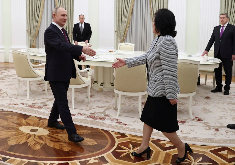 Russian President Vladimir Putin greets North Korean Foreign Minister Choe Son Hui during their meeting at the Kremlin in Moscow, Russia, Tuesday, Jan. 16, 2024. (Artyom Geodakyan, Sputnik, Kremlin Pool Photo via AP)