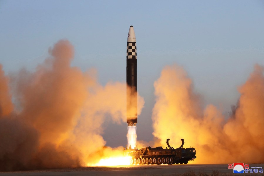 FILE - This photo provided by the North Korean government shows what it says is an intercontinental ballistic missile in a launching drill at the Sunan international airport in Pyongyang, North Korea, on March 16, 2023. Independent journalists were not given access to cover the event depicted in this image distributed by the North Korean government. The content of this image is as provided and cannot be independently verified. Korean language watermark on image as provided by source reads: "KCNA" which is the abbreviation for Korean Central News Agency. (Korean Central News Agency/Korea News Service via AP, File)