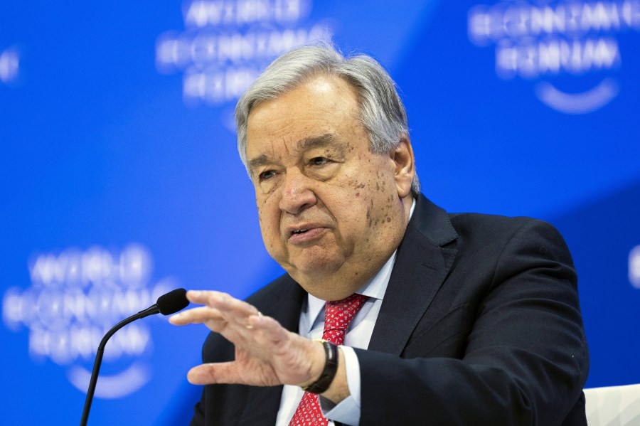 Antonio Guterres, Secretary-General, United Nations, speaks during the plenary session at the Congress Hall during the 54th annual meeting of the World Economic Forum, WEF, in Davos, Switzerland, Wednesday, Jan. 17, 2024. (Gian Ehrenzeller/Keystone via AP)