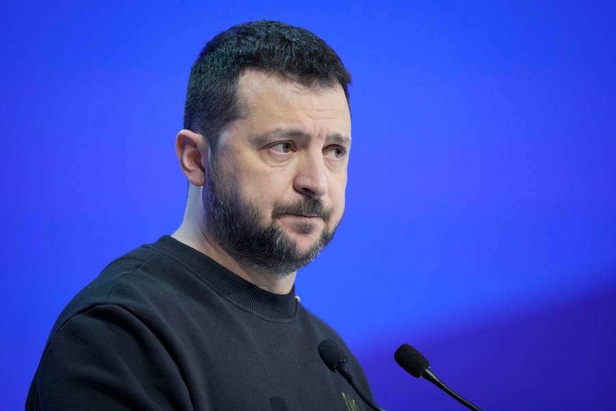 Ukrainian President Volodymyr Zelenskyy delivers his speech at the Annual Meeting of World Economic Forum in Davos, Switzerland, Tuesday, Jan. 16, 2024. The annual meeting of the World Economic Forum is taking place in Davos from Jan. 15 until Jan. 19, 2024.(AP Photo/Markus Schreiber)