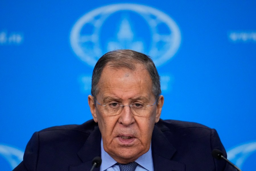 Russian Foreign Minister Sergey Lavrov speaks during his annual news conference in Moscow, Russia, Thursday, Jan. 18, 2024. (AP Photo/Alexander Zemlianichenko)