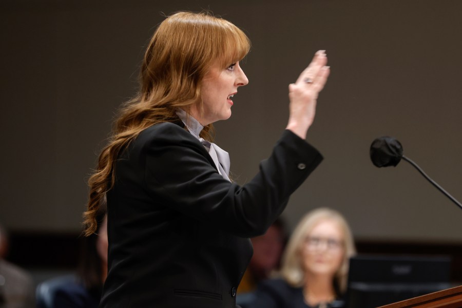 Andrea Dyer Hastings, attorney for Joycelyn Wade, wife of prosecutor Nathan Wade speaks during a hearing to determine if a subpoena issued to Fulton County District Attorney Fani Willis should be enforced at Cobb County Superior Court, on Monday, Jan. 22, 2024, in Marietta, Ga. The judge on Monday ordered court records to be made public in the divorce involving special prosecutor, Wade, hired in the election case against Donald Trump and others and accused of having an affair with District Attorney Fani Willis. (Natrice Miller/Atlanta Journal-Constitution via AP)