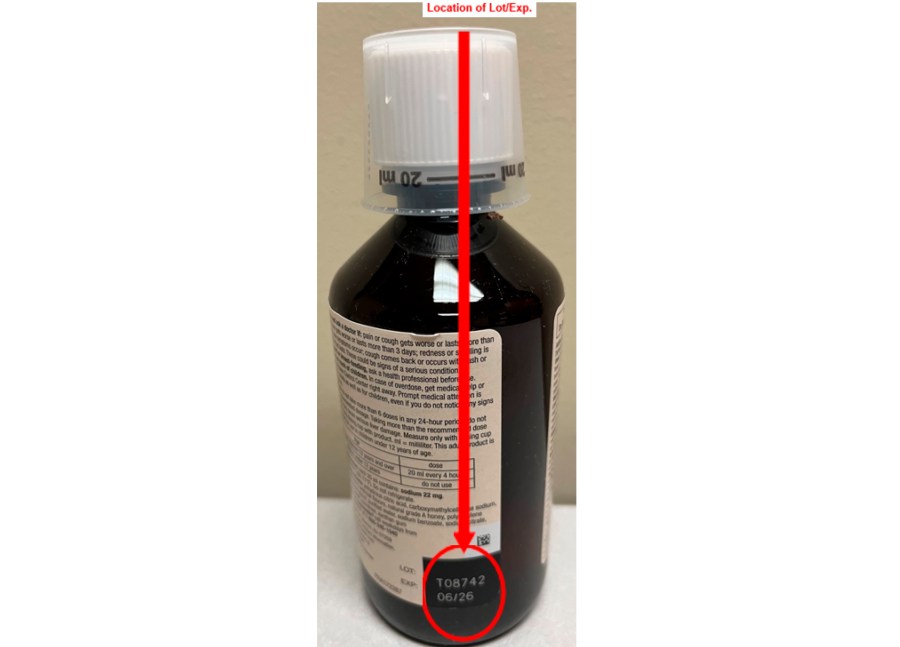 This photo provided by U.S. Food & Drug Administration shows the location of a lot number of recalled Robitussin cough syrup on Thursday, Jan. 25, 2024. The maker of Robitussin cough syrup is recalling several lots of its medicine Thursday, due to contamination that could pose a serious risk to people with weakened immune systems. The recall affects eight lots of Robitussin cough syrup for adults containing honey. (U.S. Food & Drug Administration via AP)