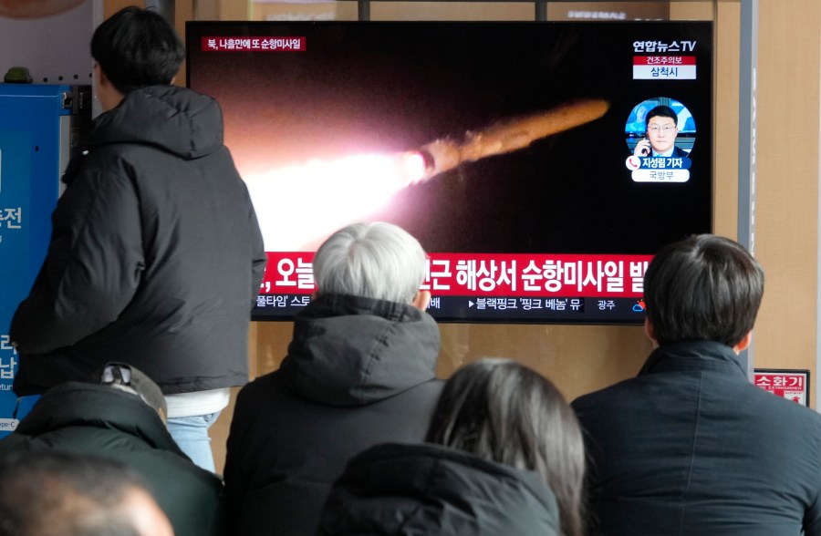 A TV screen shows a file image of North Korea's missile launch during a news program at the Seoul Railway Station in Seoul, South Korea, Sunday, Jan. 28, 2024. South Korea's military said Sunday that North Korea fired several cruise missiles that flew over waters near a major military shipyard on the country's eastern coast, extending a streak in weapons tests that are worsening tensions with the United States, South Korea and Japan. (AP Photo/Ahn Young-joon)