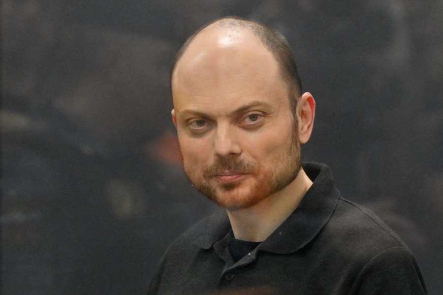 FILE - Russian opposition activist Vladimir Kara-Murza stands in a glass cage in a courtroom at the Moscow City Court in Moscow, Russia, Monday, July 31, 2023. Supporters of prominent Russian opposition figure Vladimir Kara-Murza Jr. say on Monday, Jan. 29, 2024 he has disappeared from the Siberian prison where he was behind bars. The 42-year-old Kara-Murza is serving a 25-year sentence for treason. (AP Photo/Dmitry Serebryakov, file)