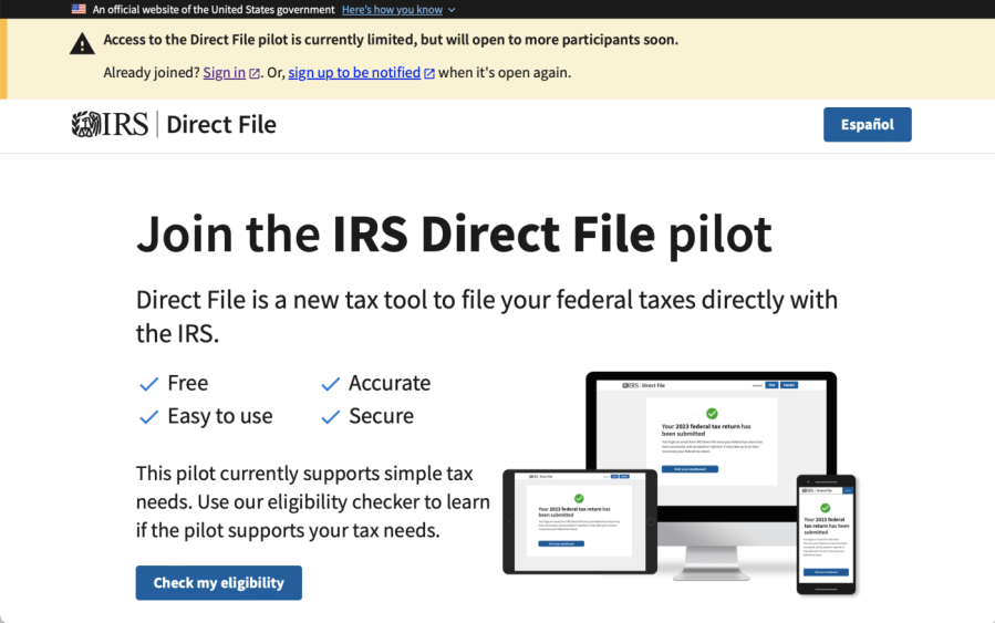 A screenshot of web page ecnourages users to join the IRS Direct File pilot.