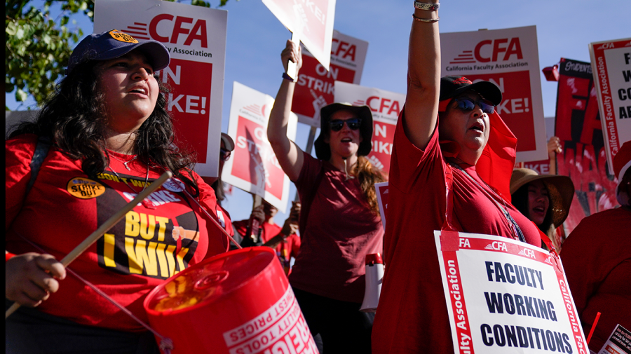 Members of the California Faculty Association rally picket on Monday, Dec. 4, 2023, in Pomona, Calif.