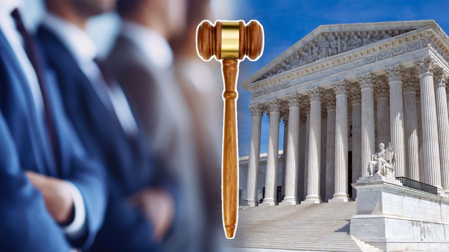 The illustration shows a gavel centered between an image of experts on the left and an image of the Supreme Court on the right.