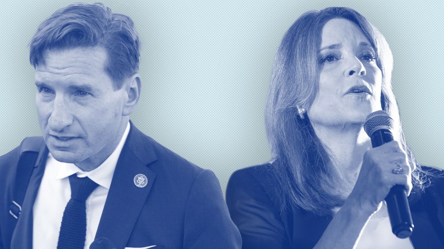 Rep. Dean Phillips, left, and Marianne Williamson are hoping for a symbolic victory in New Hampshire Tuesday.