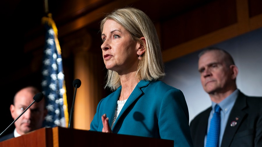 Representative Mary Miller speaks at a press conference.