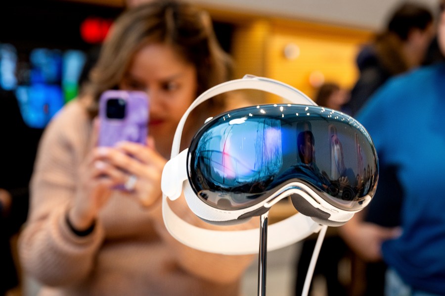 An Apple Vision Pro headset rests on display during the first day of sales at a Palo Alto, Calif., Apple store on Friday, Feb. 2, 2024. (AP Photo/Noah Berger)