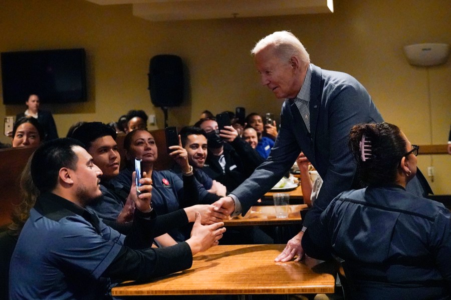 President Joe Biden meets with members of the Culinary Workers Union at Vdara Hotel in Las Vegas, Monday, Feb. 5, 2024. (AP Photo/Stephanie Scarbrough)