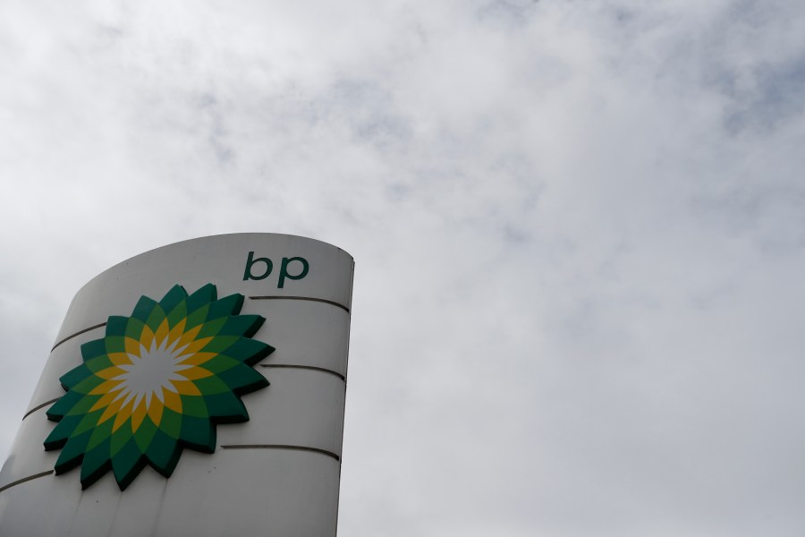 FILE - The logo of British Petroleum, BP, adorns a BP petrol station in west London, Tuesday, Aug. 4, 2020. Oil and natural gas giant BP beat expectations on Tuesday, Feb. 6, 2024 with earnings of $3 billion in the last three months of 2023, bringing last year's total to half its record 2022 profit as energy prices have fallen since spiking after Russia's invasion of Ukraine. (AP Photo/Alastair Grant, File)