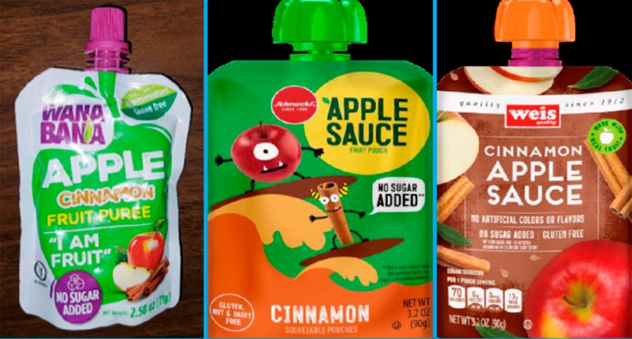 FILE - This image provided by the U.S. Food and Drug Administration on Thursday, Nov. 17, 2023, shows three recalled applesauce products - WanaBana apple cinnamon fruit puree pouches, Schnucks-brand cinnamon-flavored applesauce pouches and variety pack, and Weis-brand cinnamon applesauce pouches. Officials in Ecuador have named the likely source of contaminated ground cinnamon used in fruit pouches tied to more than 400 potential cases of lead poisoning in U.S. children, the Food and Drug Administration said Tuesday, Feb. 6, 2024. (FDA via AP, File)