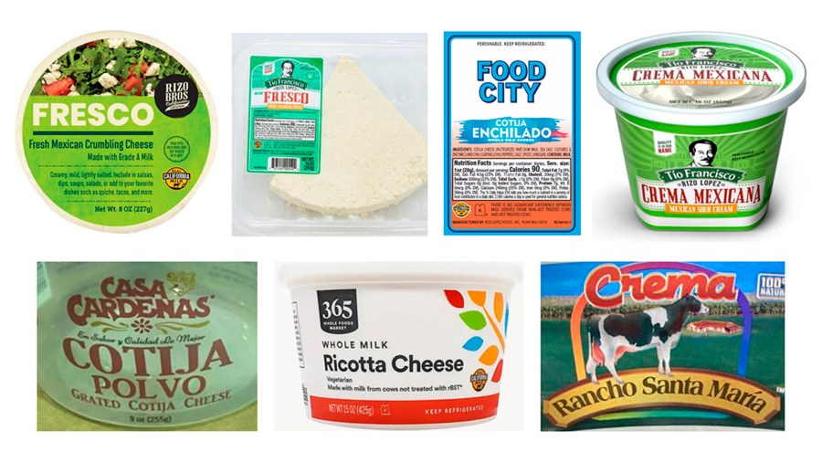 This image provided by the U.S. Centers for Disease Control and Prevention on Tuesday, Feb. 6, 2024 shows brands of cheese recalled due to a decade-long outbreak of listeria food poisoning that killed two people and sickened more than two dozen. New lab evidence linked soft cheeses and other dairy products made by Rizo-Lopez Foods of Modesto, Calif., to the outbreak, which was first detected in June 2014. (CDC via AP)