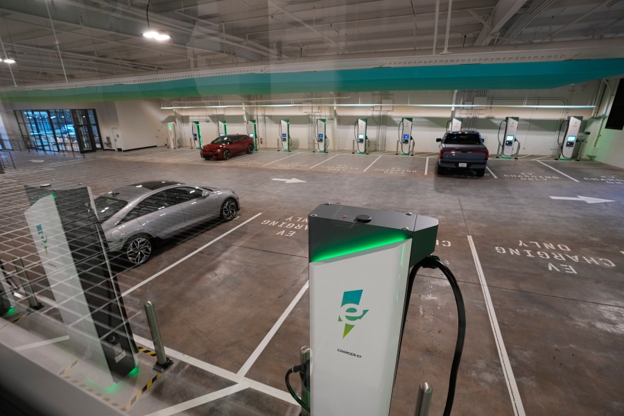 The new Electrify America indoor electric vehicle charging station is seen during a preview in San Francisco, Wednesday, Feb. 7, 2024. Electrify America, Tesla, Mercedes and other charging networks are starting to build nicer spots for people to fill up their electric vehicles, knowing they'll be there for a lot longer than people spend at gas stations. (AP Photo/Eric Risberg)