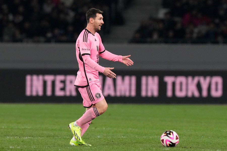 Inter Miami's Lionel Messi reacts during the friendly soccer match between Vissel Kobe and Inter Miami CF at the National Stadium, Wednesday, Feb. 7, 2024, in Tokyo, Japan. (AP Photo/Eugene Hoshiko)