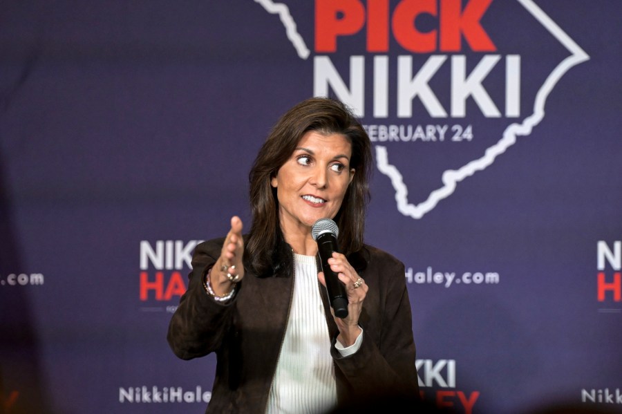 FILE - Republican presidential candidate former UN Ambassador Nikki Haley speaks at a campaign event in Spartanburg, S.C., Monday, Feb. 5, 2024. Haley is launching a bus tour ahead of South Carolina’s Feb. 24 Republican presidential primary, hoping that the two-week endeavor will show the former governor’s commitment to her home state ahead of its first-in-the-South vote. (AP Photo/Matt Kelley, File)