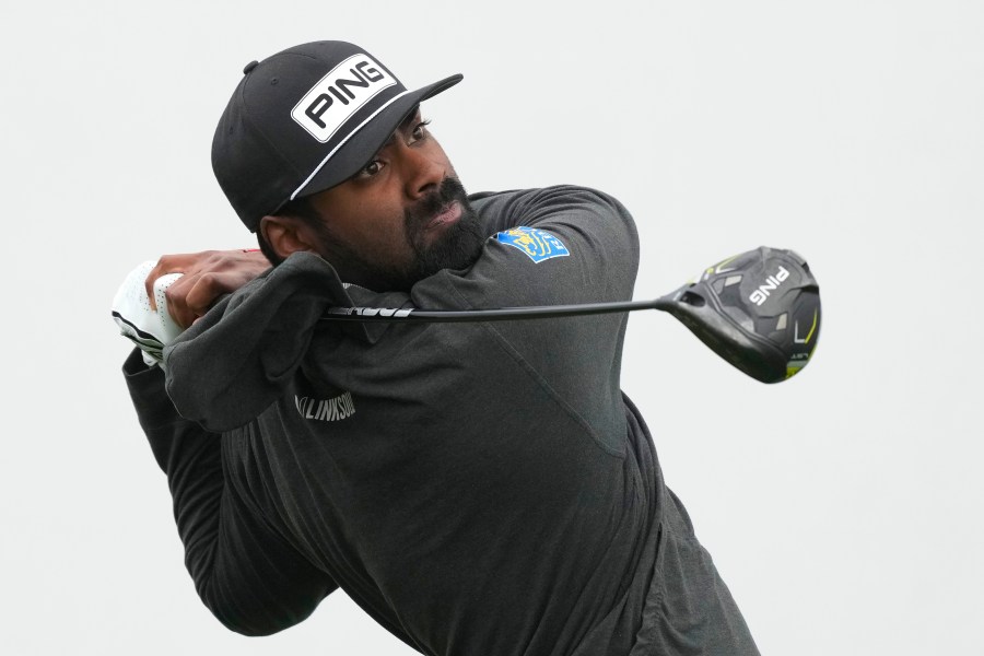 Sahith Theegala hits his tee shot at the 17th hole during the first round of the Phoenix Open golf tournament Thursday, Feb. 8, 2024, in Scottsdale, Ariz. (AP Photo/Ross D. Franklin)