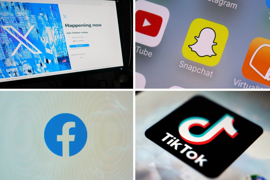 FILE - This combination of photos shows logos of X, formerly known as Twitter, top left; Snapchat, top right; Facebook, bottom left; and TikTok, bottom right. A federal judge extended a block on enforcement Monday, Feb. 12, 2024, of an Ohio law that would require children under 16 to get parental consent to use social media apps as a legal challenge proceeds. (AP Photo, File)