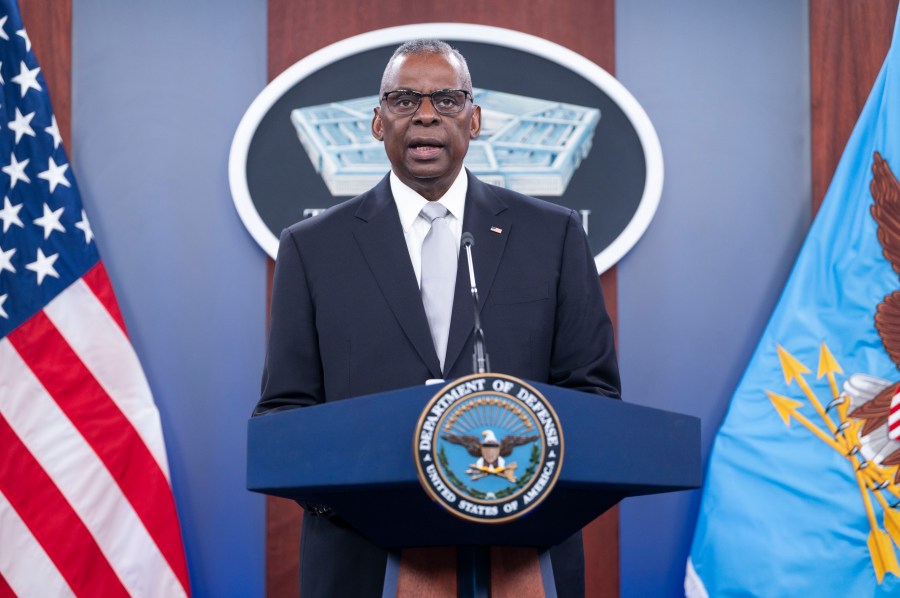 Defense Secretary Lloyd Austin speaks during a Pentagon press briefing at the Pentagon on Thursday, Feb. 1, 2024 in Washington. (AP Photo/Kevin Wolf)