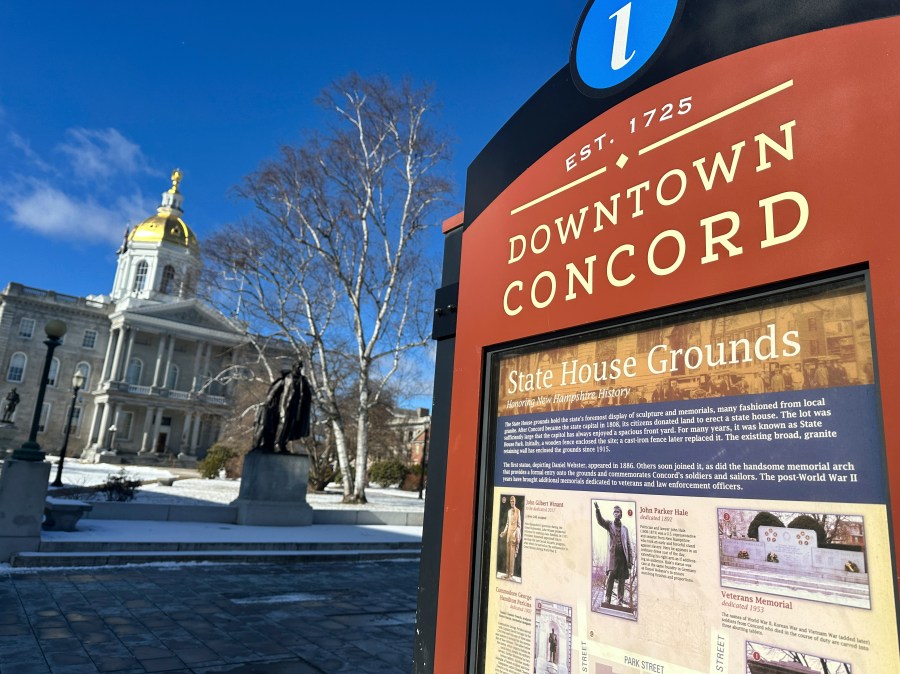 A sign welcomes visitors to downtown Concord, N.H., and the Statehouse on Wednesday, Feb. 14, 2024. Lawmakers are considering a bill to amend state law to include an official pronunciation of the capital city. (AP Photo/Holly Ramer)