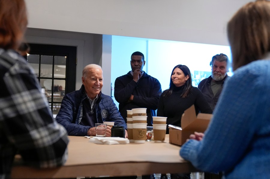 President Joe Biden speaks as he visits 1820 Candle Co. in East Palestine, Ohio, Friday, Feb. 16, 2024. (AP Photo/Andrew Harnik)