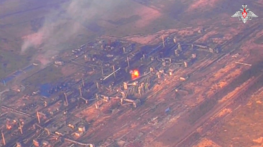 This photo taken from video released by Russian Defense Ministry Press Service on Monday, Feb. 19, 2024, shows an aerial view of the Avdiivka Coke and Chemical Plant, eastern Ukraine.