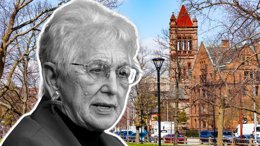 A cutout House Education Chairwoman Virginia Foxx (R-N.C.) overlaid on a view of Harvard in in Cambridge, Massachusetts.