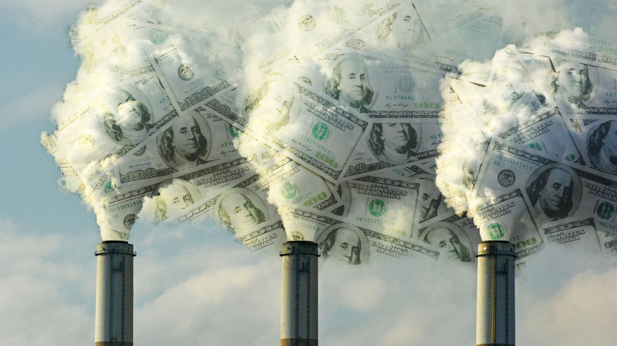 A fossil fuel power plant is pictured emitting smokestacks of money.