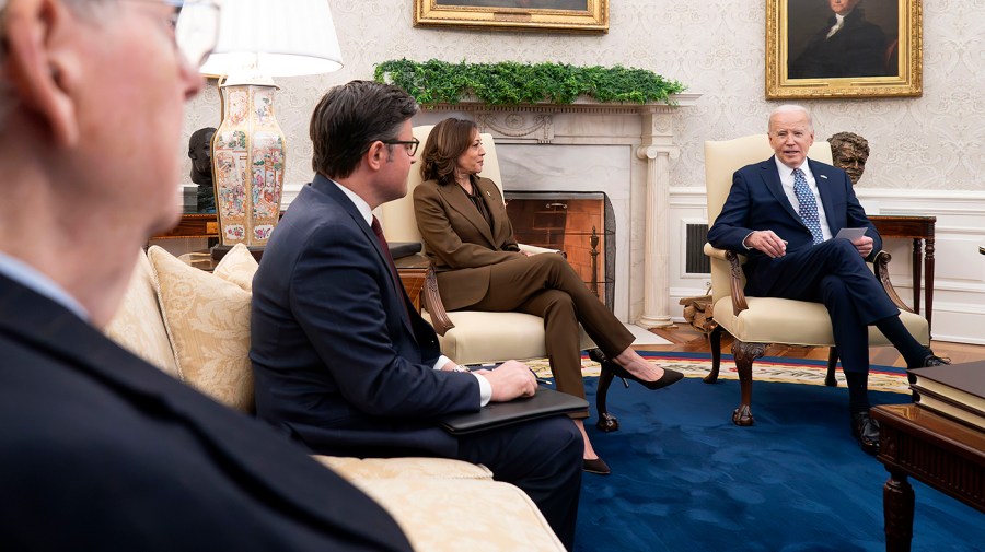 Minority Leader Mitch McConnell (R-Ky.), Speaker Mike Johnson (R-La.), and Vice President Harris look on as President Biden