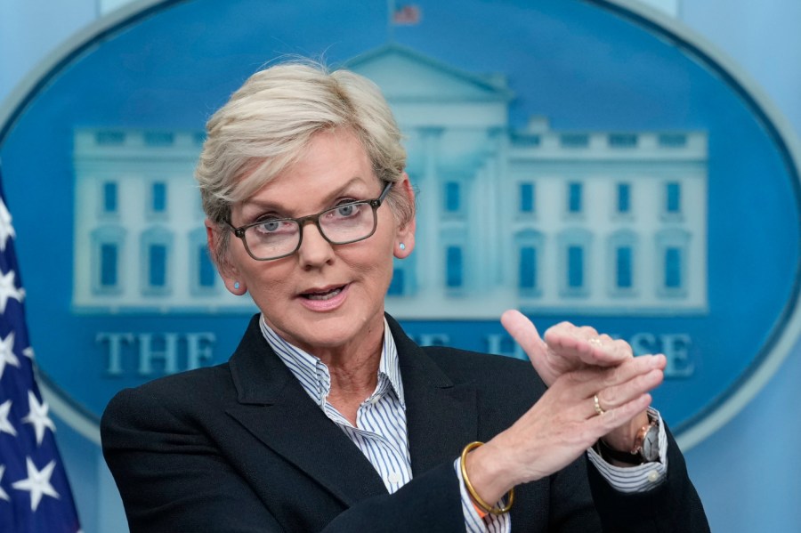 Energy Secretary Jennifer Granholm speaks during the daily briefing at the White House in Washington.