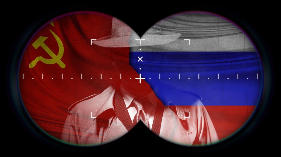 A view through binoculars shows a spy with USSR and Russian flags overlaid.