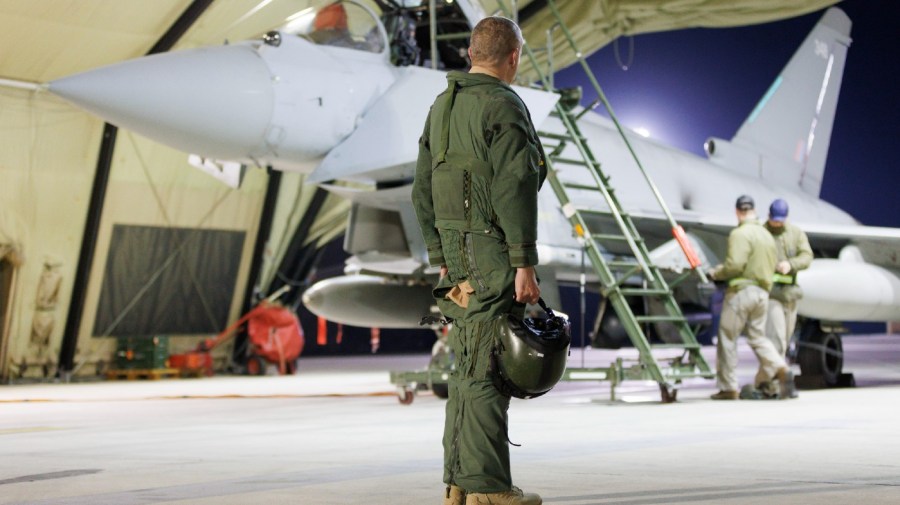 File - This photo issued by the Ministry of Defence (MOD) on Sunday, Feb. 4, 2024 shows a RAF Typhoon FGR4 aircraft back at the base, following strikes against Houthi targets in Yemen.