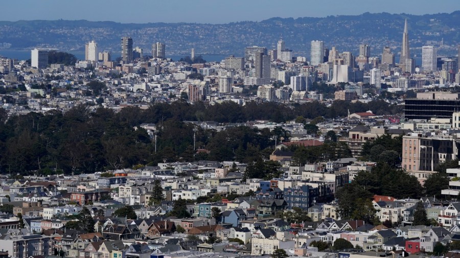 FILE - The skyline is shown over properties in San Francisco, April 26, 2023.